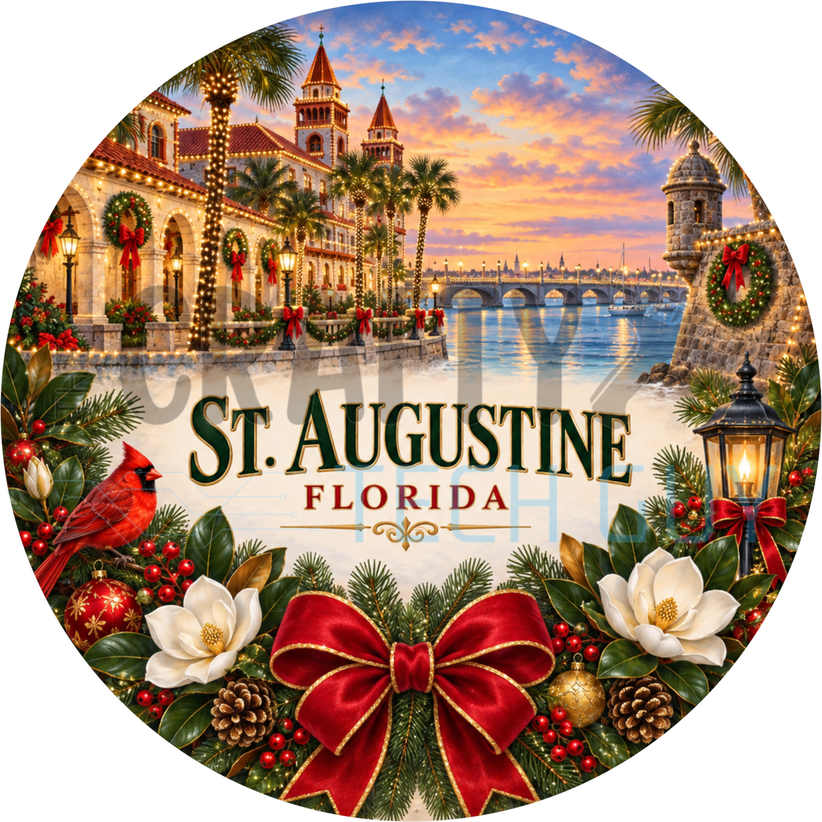 Round Christmas St. Augustine Florida name wreath sign with a red velvet bow, red cardinal, lantern and white magnolias