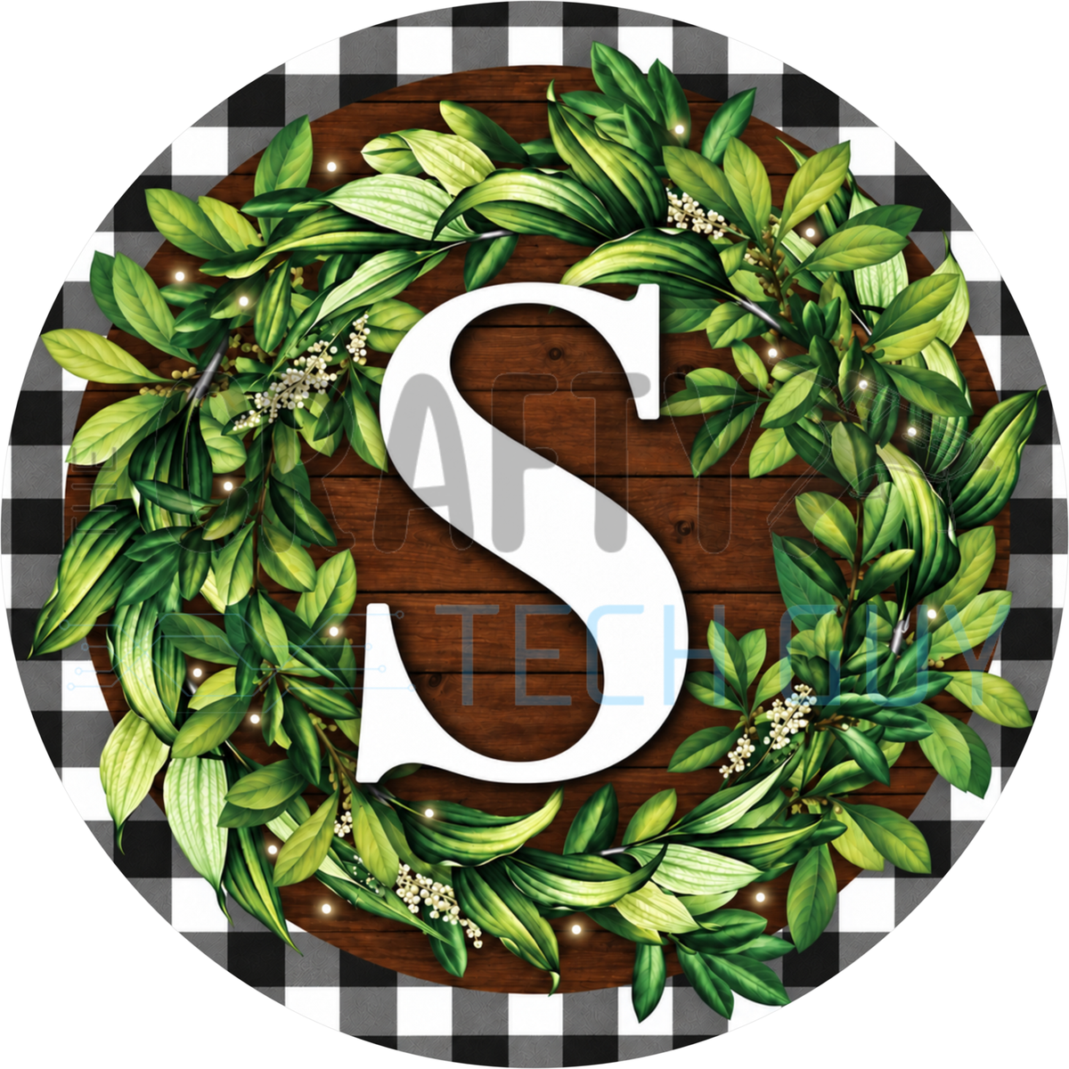 Round monogram wreath sign with a white letter S inside a green leaf wreath on dark wood planks with a black and white buffalo check border