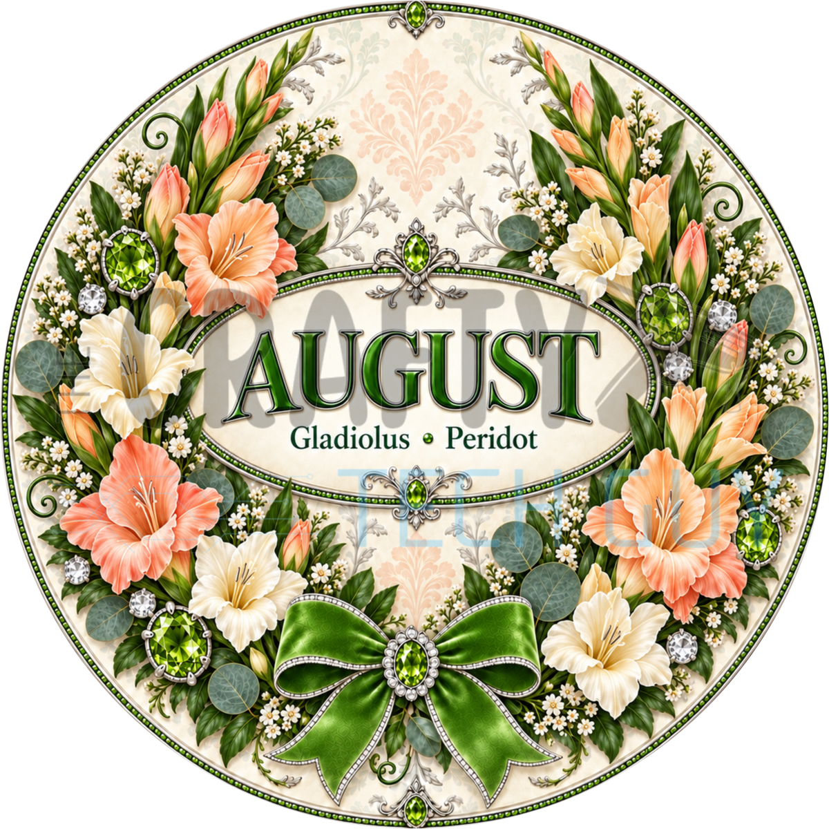 Round August birthstone wreath sign with peach and white gladiolus, peridot green jewels and a green bow around the words August Gladiolus Peridot