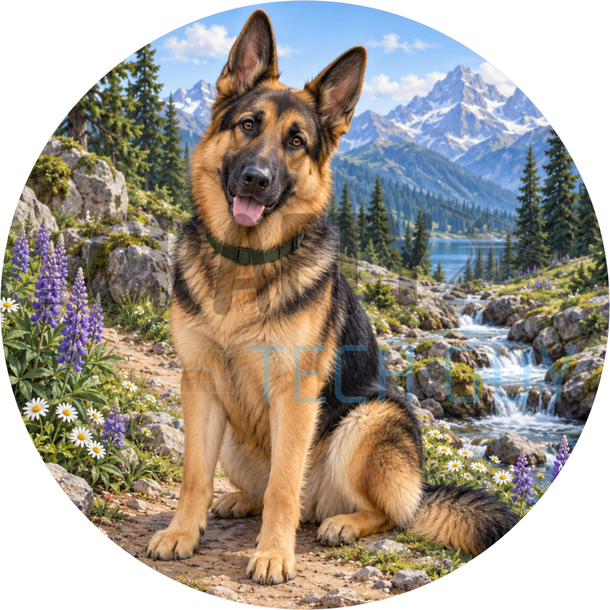Round dog wreath sign of a German Shepherd sitting by a mountain creek with purple lupine, wildflowers, pine trees and snowy peaks