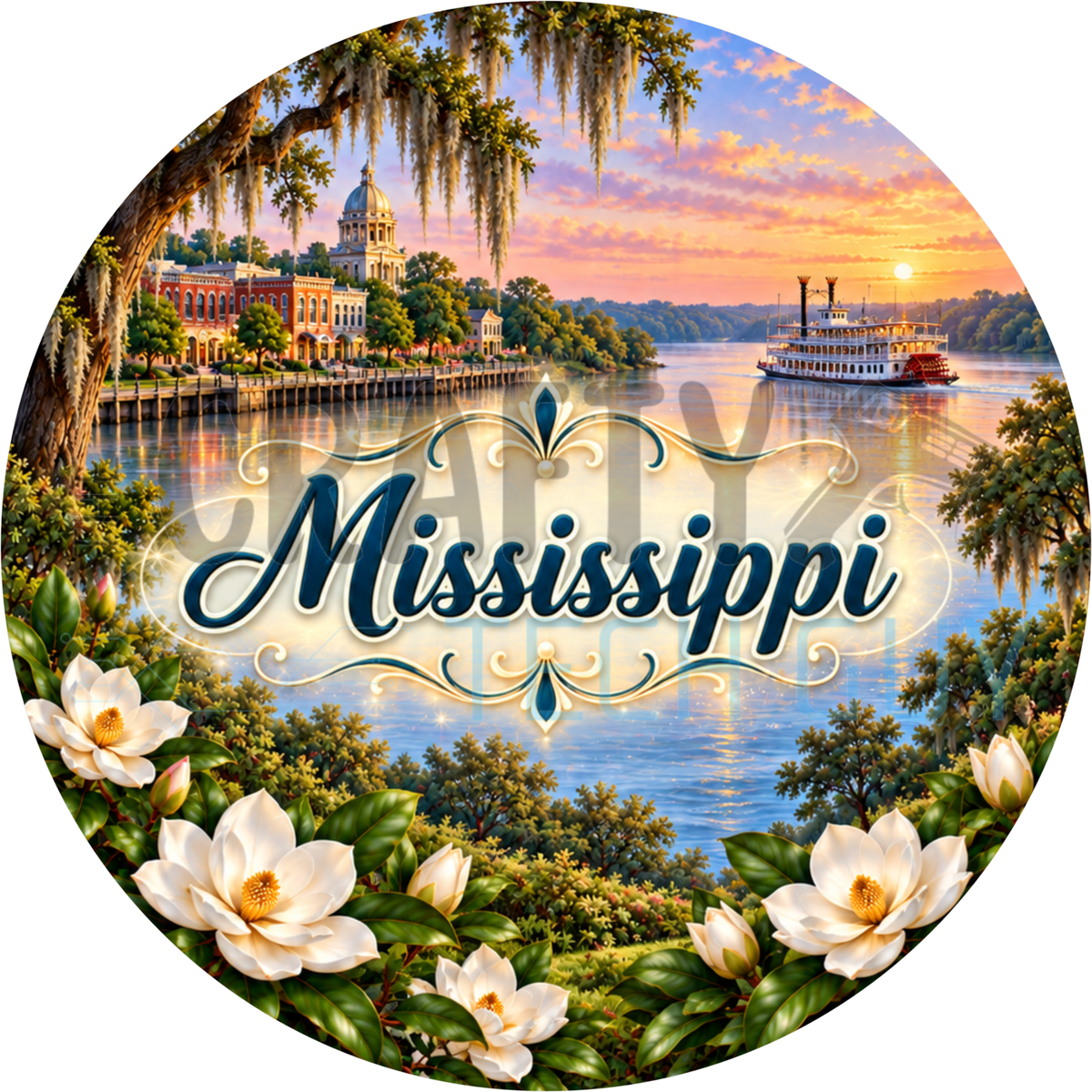 Round Mississippi state wreath sign with the state name in script over a river with a paddlewheel riverboat at sunset framed by white magnolias