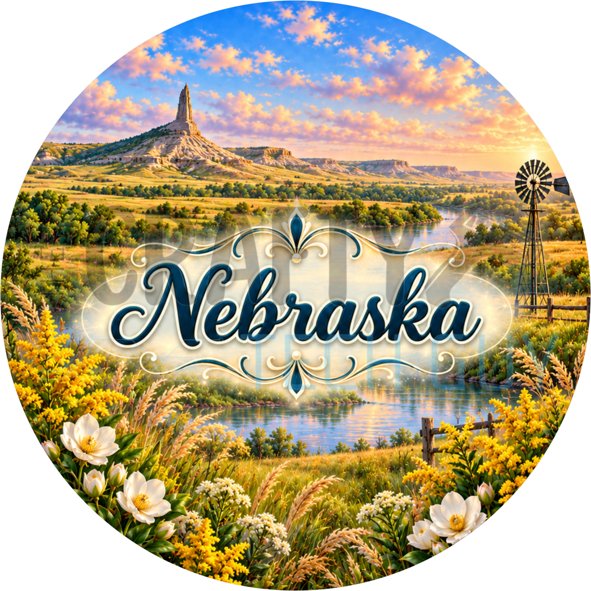 Round Nebraska state wreath sign with the state name in script over prairie and Chimney Rock with a windmill and goldenrod