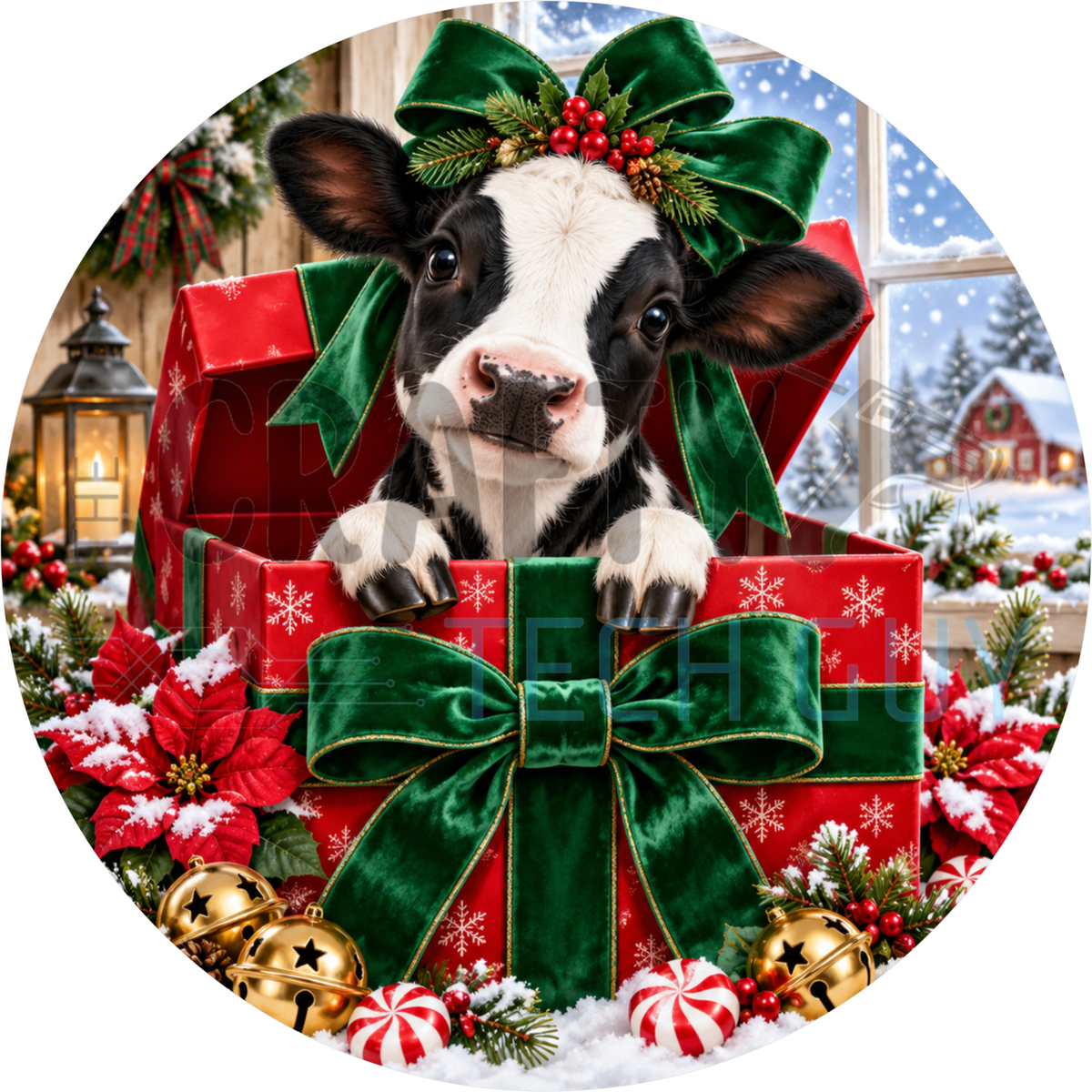 Round Christmas wreath sign of a Holstein cow peeking out of a red gift box with a green velvet bow, poinsettias and jingle bells