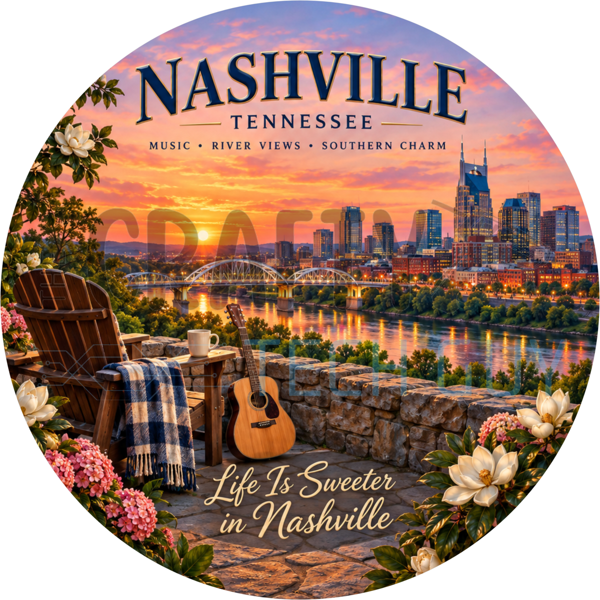 Round Nashville Tennessee wreath sign with an Adirondack chair and guitar overlooking the skyline at sunset reading Life Is Sweeter in Nashville