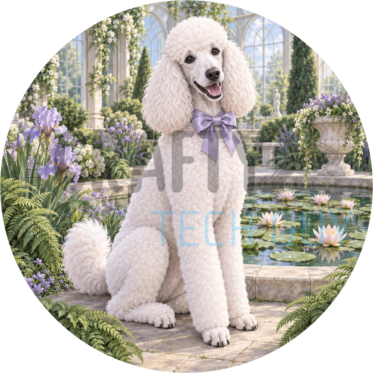 Round dog wreath sign of a white Standard Poodle with a lavender bow beside a lily pond with purple iris and a garden conservatory