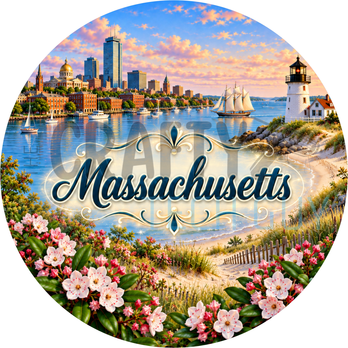 Round Massachusetts state wreath sign with the state name in script over Boston harbor with a tall ship and lighthouse framed by mayflowers