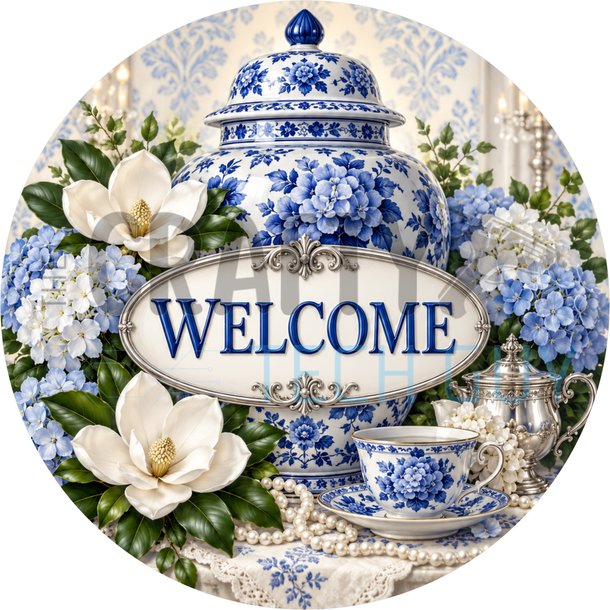 Round welcome wreath sign with a blue and white chinoiserie ginger jar, hydrangeas, white magnolias, a teacup and a silver teapot