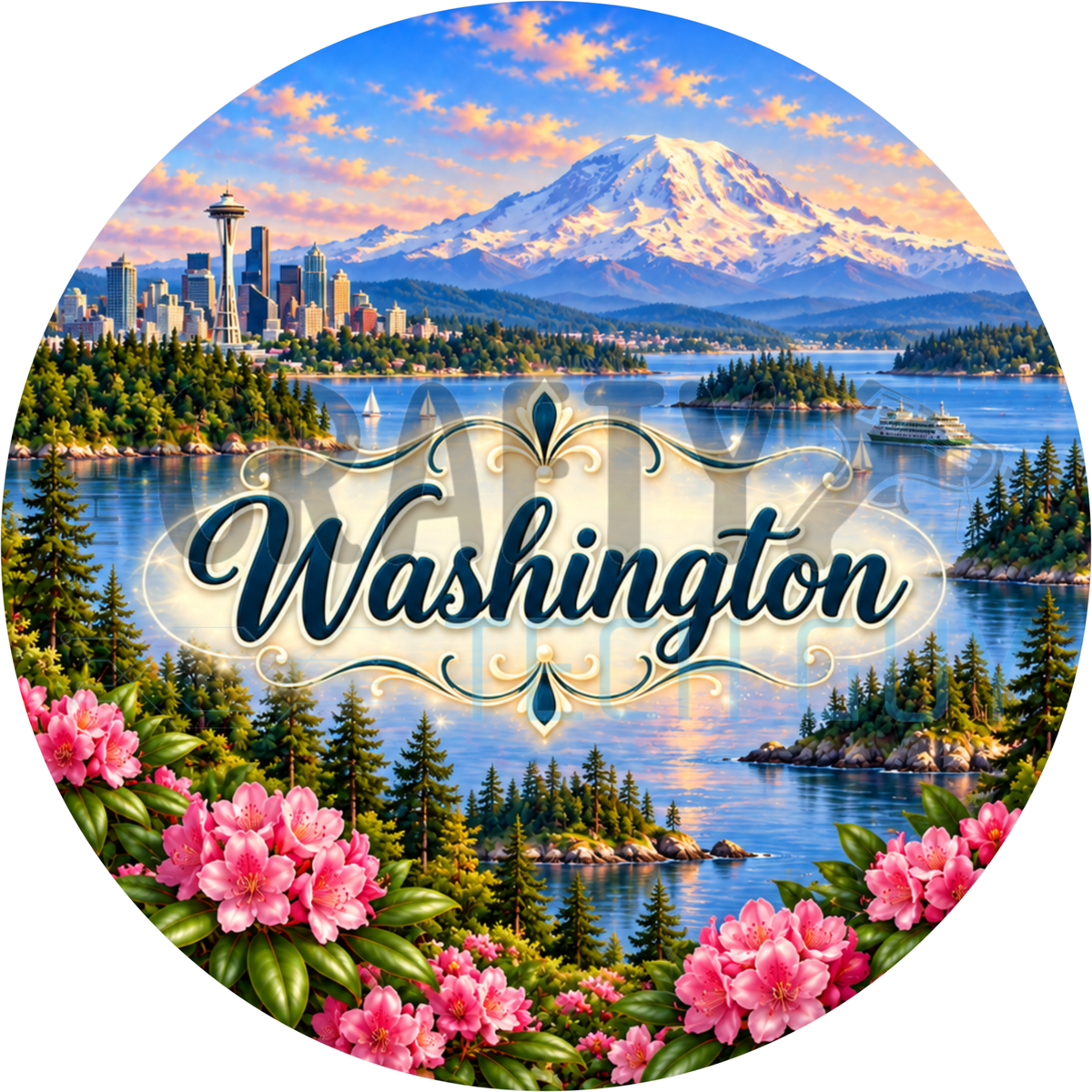 Round Washington state wreath sign with navy script lettering over the Seattle skyline, Mount Rainier, Puget Sound and pink rhododendrons