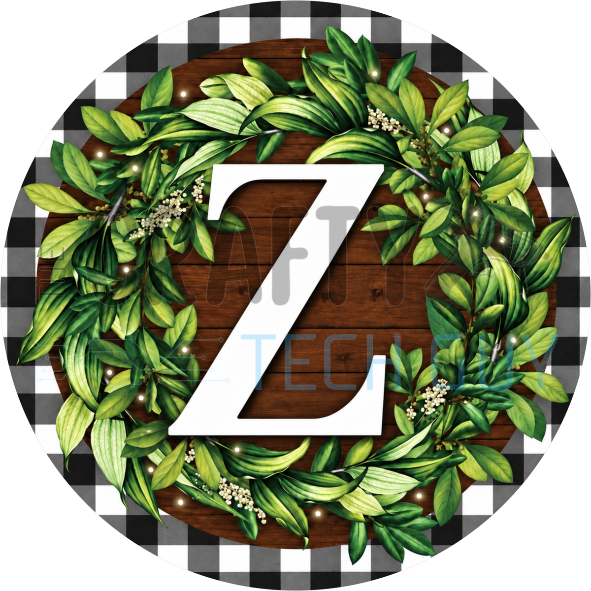 Round monogram wreath sign with a white letter Z inside a green leaf wreath on dark wood planks with a black and white buffalo check border