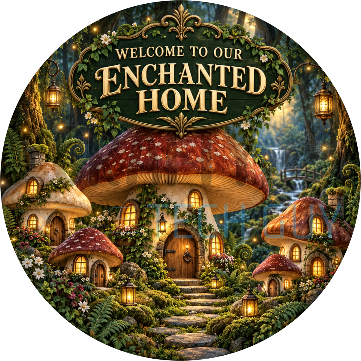 Round welcome wreath sign reading Welcome To Our Enchanted Home above a glowing fairy mushroom house in a forest with lanterns