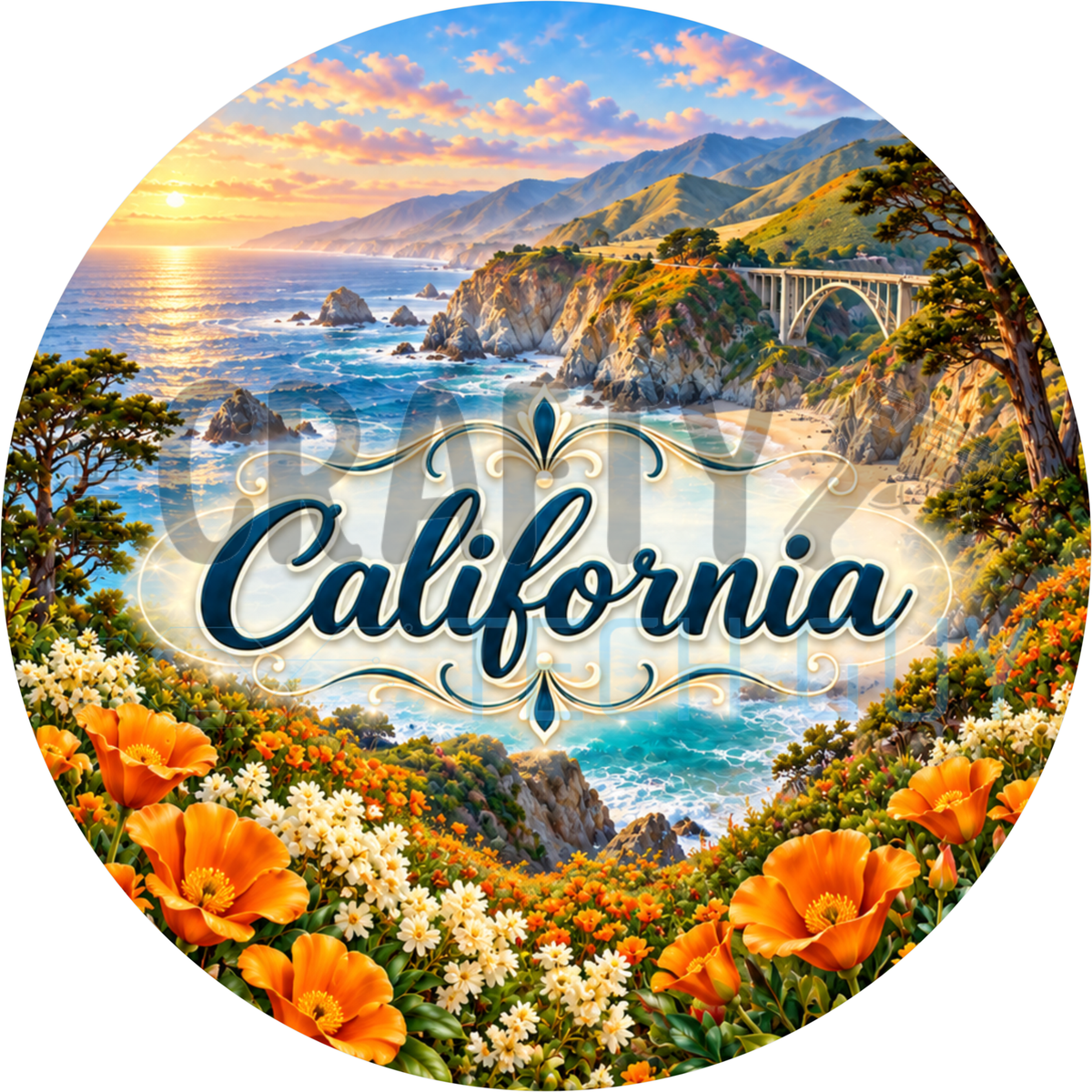 Round California state wreath sign with the state name in script over the Big Sur coastline and bridge at sunset with orange poppies