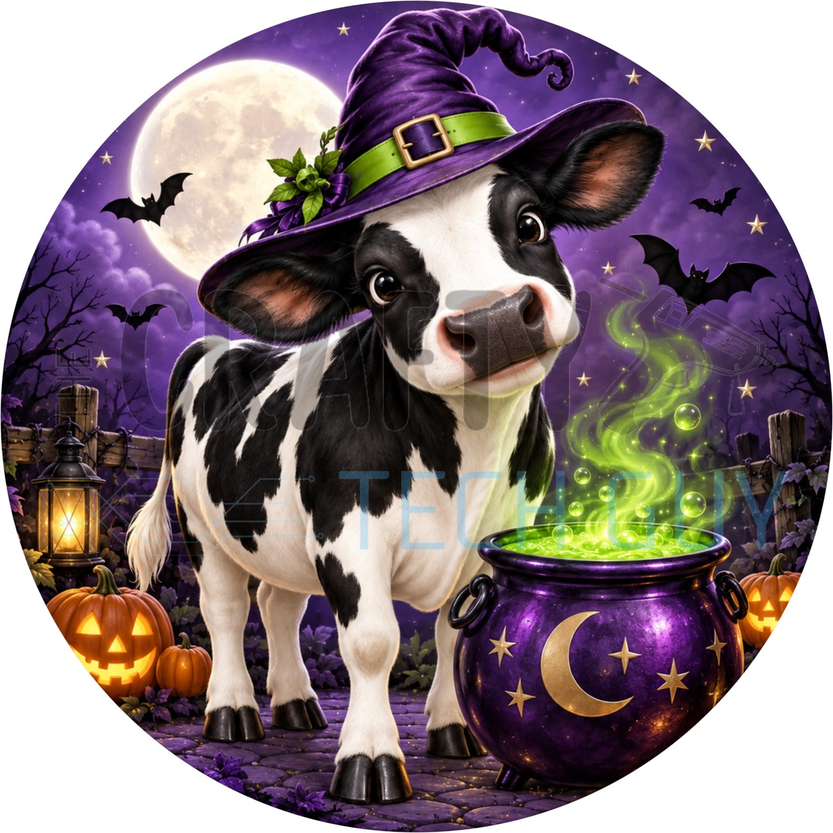 Round Halloween wreath sign of a Holstein cow in a purple witch hat beside a bubbling green cauldron under a full moon with bats and pumpkins
