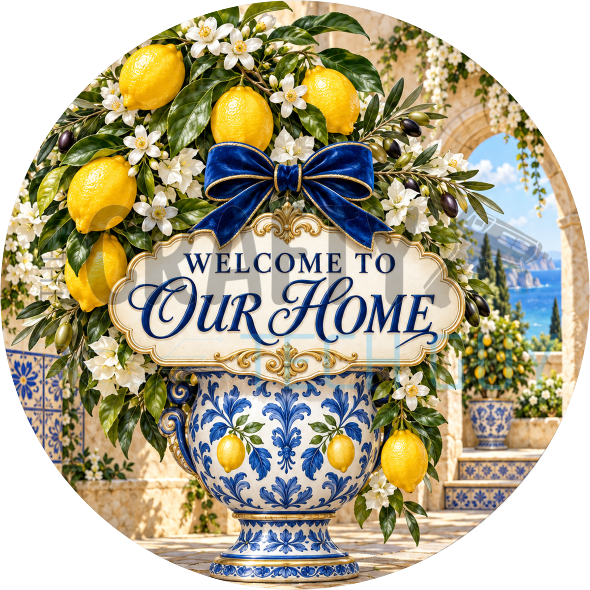 Round welcome wreath sign reading Welcome To Our Home above a blue and white urn of lemons with a navy bow on a Mediterranean terrace