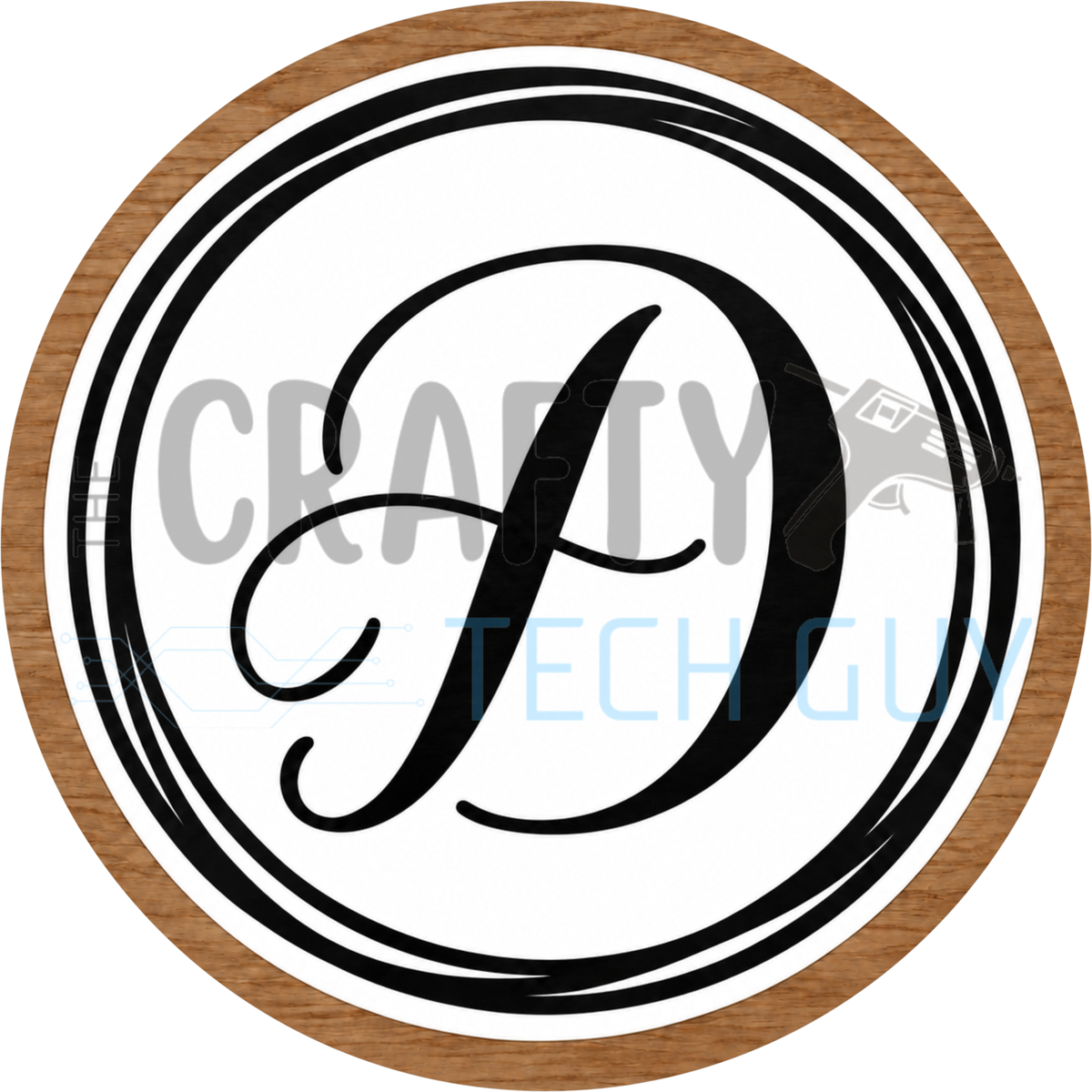 Round monogram wreath sign with a black script calligraphy letter D on white, circled by black swirl lines and a wood grain border