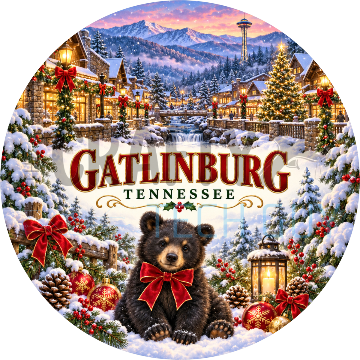 Round Christmas Gatlinburg Tennessee name wreath sign with a black bear cub in a red bow, a snowy mountain village and lantern