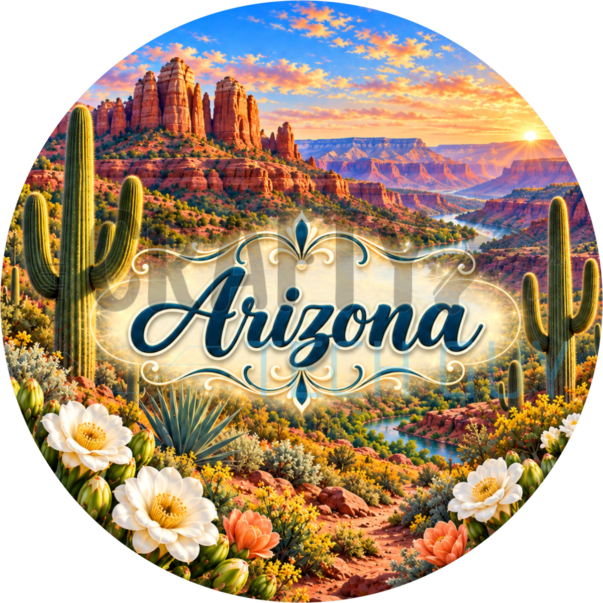 Round Arizona state wreath sign with the state name in script over red rock buttes, a canyon river and saguaro cacti at sunset