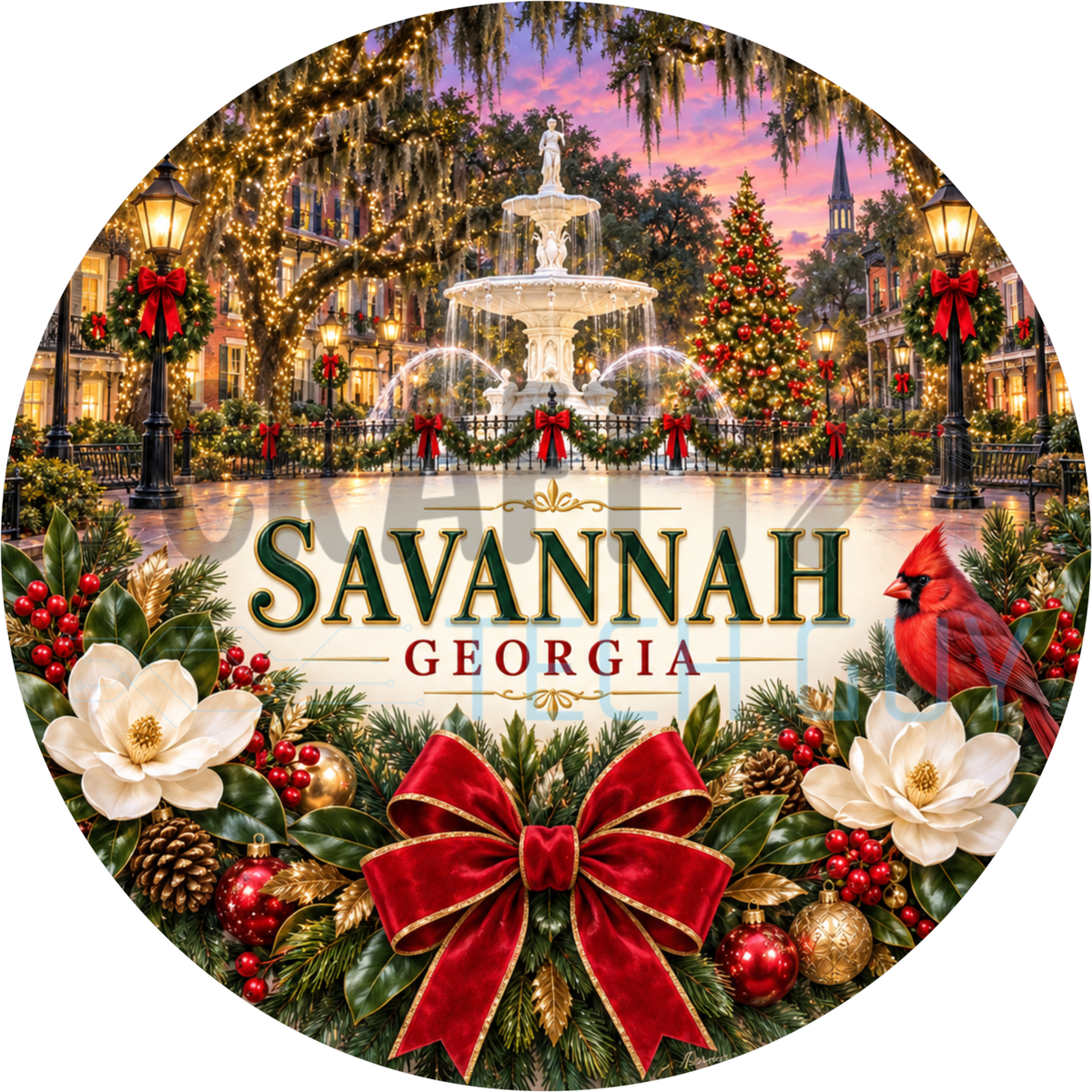 Round Christmas Savannah Georgia name wreath sign with a lit fountain, red velvet bow, red cardinal and magnolias