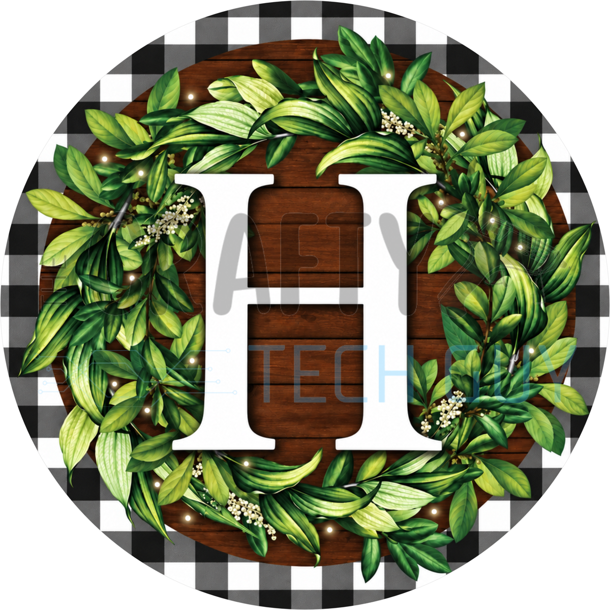 Round monogram wreath sign with a white letter H inside a green leaf wreath on dark wood planks with a black and white buffalo check border