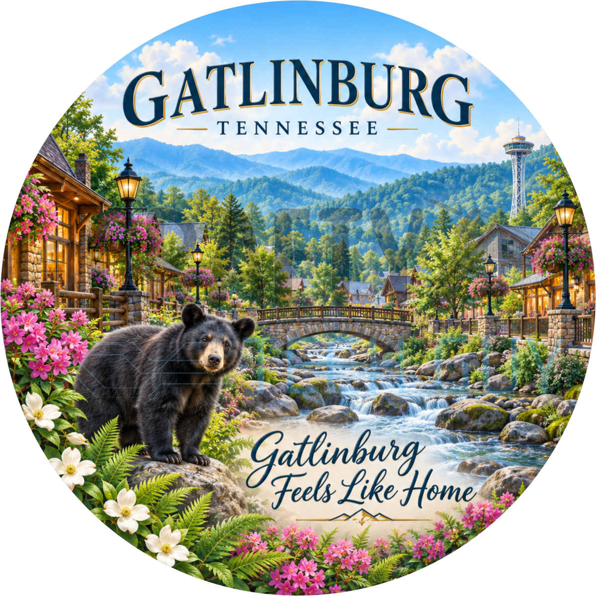 Round Gatlinburg Tennessee wreath sign with a black bear by a mountain creek and stone bridge reading Gatlinburg Feels Like Home