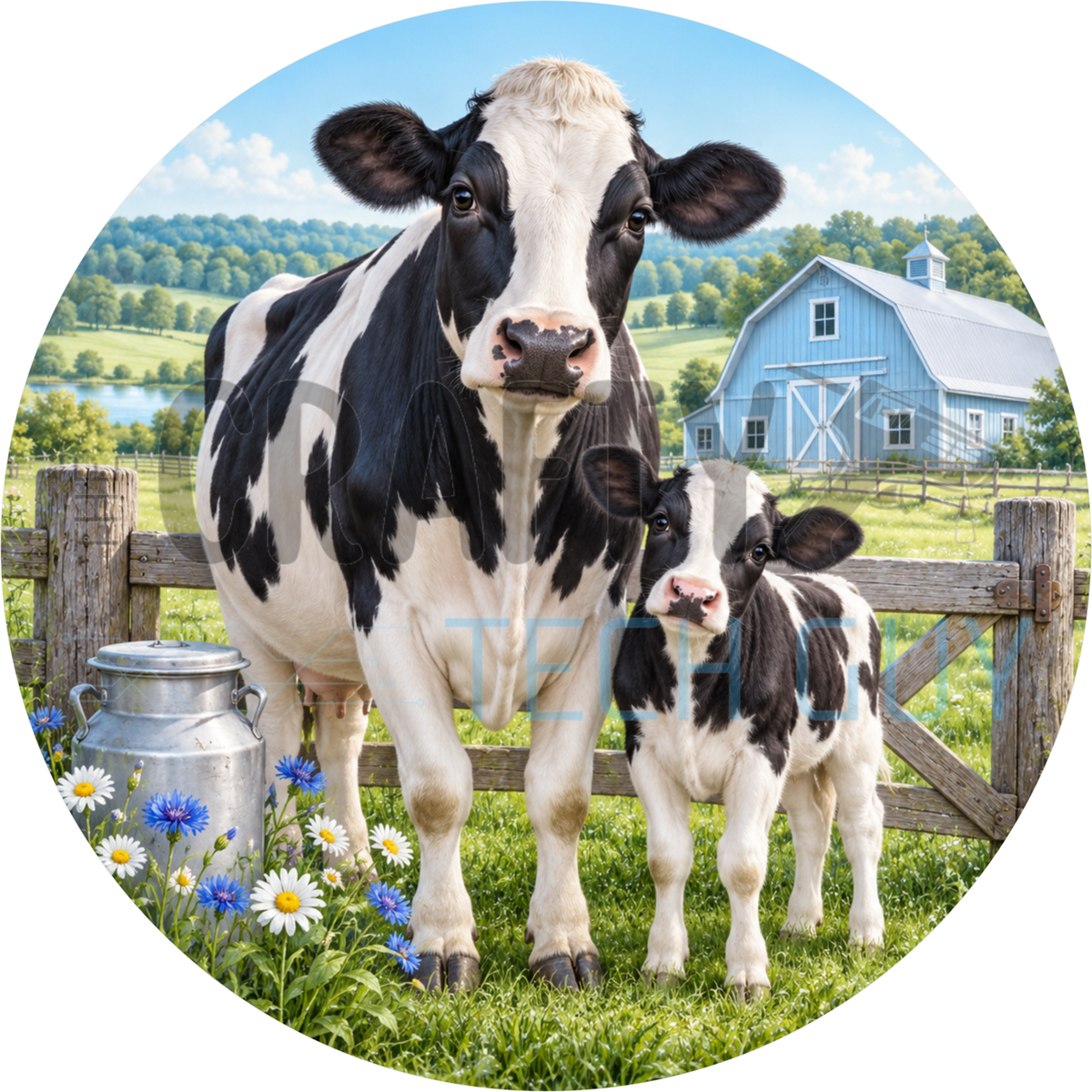 Round farmhouse wreath sign of a Holstein cow and baby calf by a wooden fence with a milk can and a light blue barn