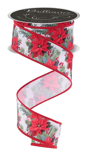 1.5 Inch 10 Yard Red Poinsettia Pine and Berry Garland Print Wired Christmas Ribbon on White with Red Wired Edge