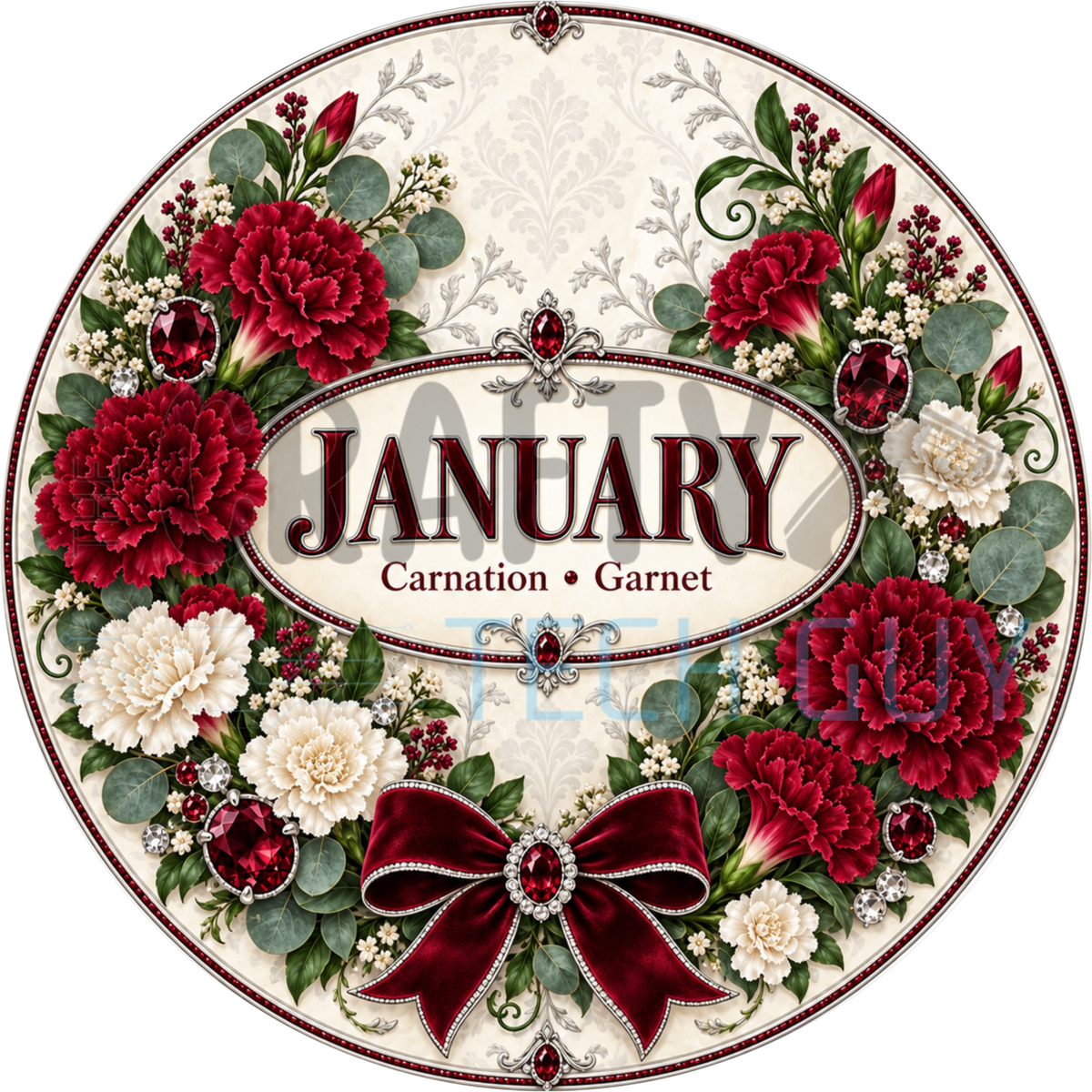 Round January birthstone wreath sign with deep red and cream carnations, garnet red jewels and a red bow around the words January Carnation Garnet