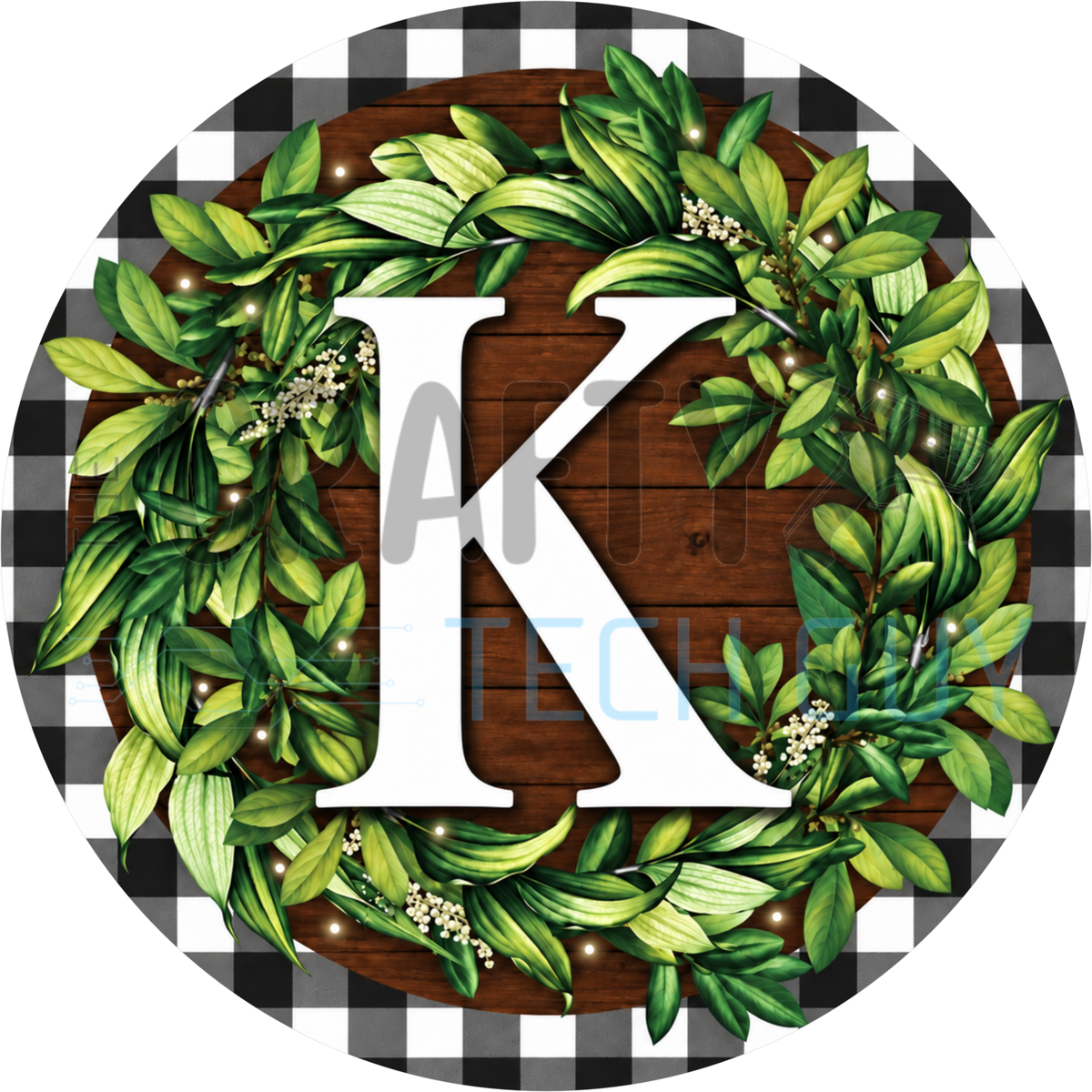 Round monogram wreath sign with a white letter K inside a green leaf wreath on dark wood planks with a black and white buffalo check border