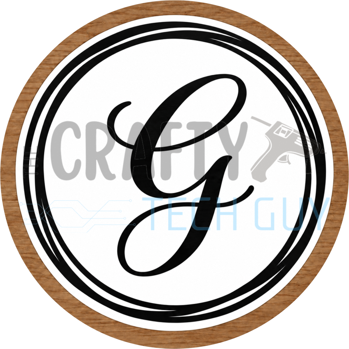 Round monogram wreath sign with a black script calligraphy letter G on white, circled by black swirl lines and a wood grain border