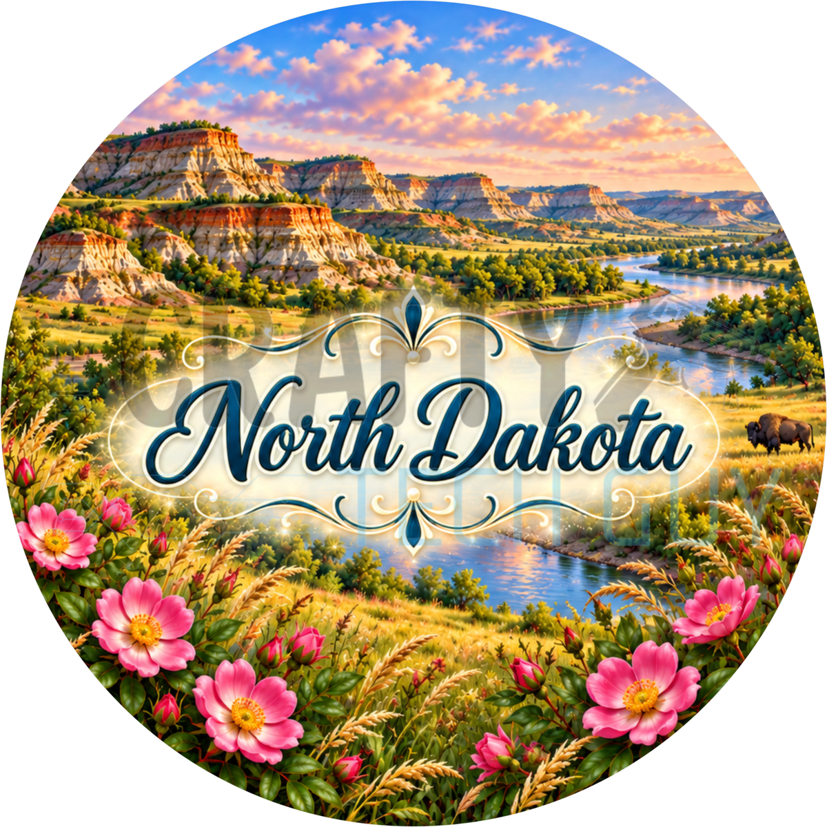 Round North Dakota state wreath sign with navy script lettering over Badlands buttes, a winding river, a bison and pink wild prairie roses