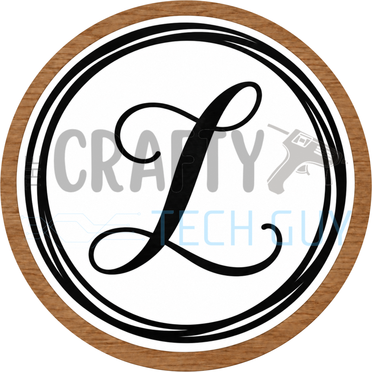Round monogram wreath sign with a black script calligraphy letter L on white, circled by black swirl lines and a wood grain border