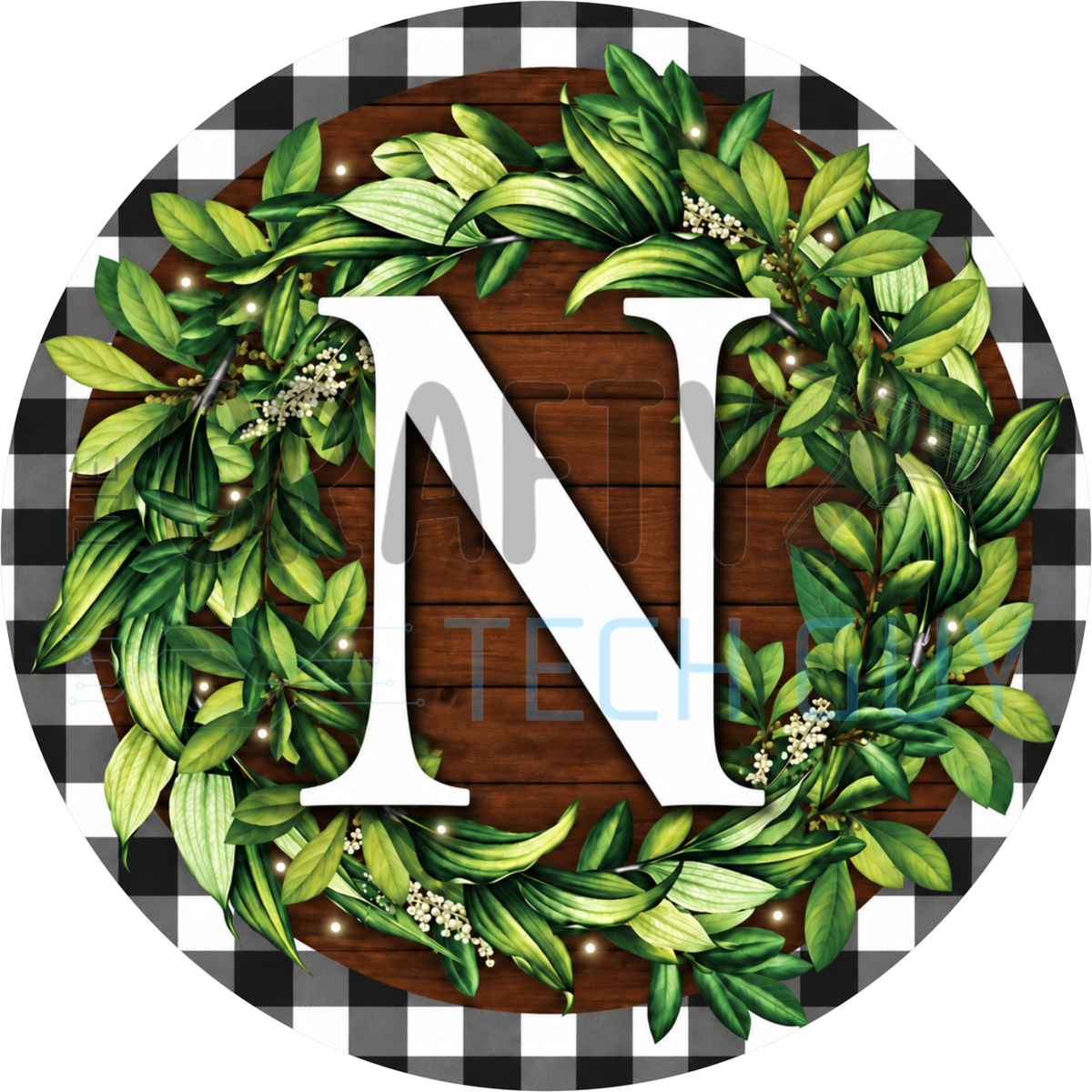 Round monogram wreath sign with a white letter N inside a green leaf wreath on dark wood planks with a black and white buffalo check border