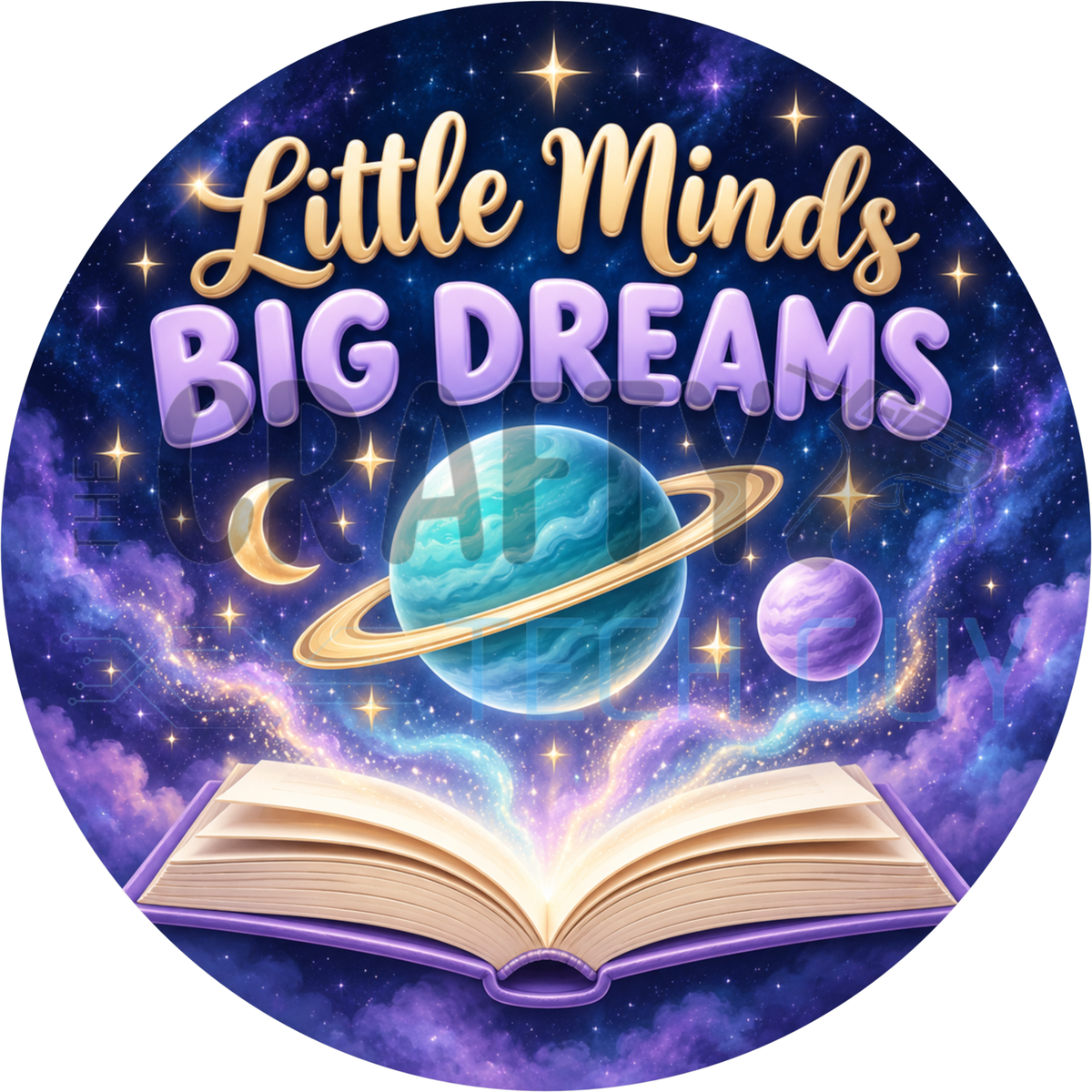 Round teacher classroom wreath sign with an open book, planets and stars in a purple galaxy reading Little Minds Big Dreams