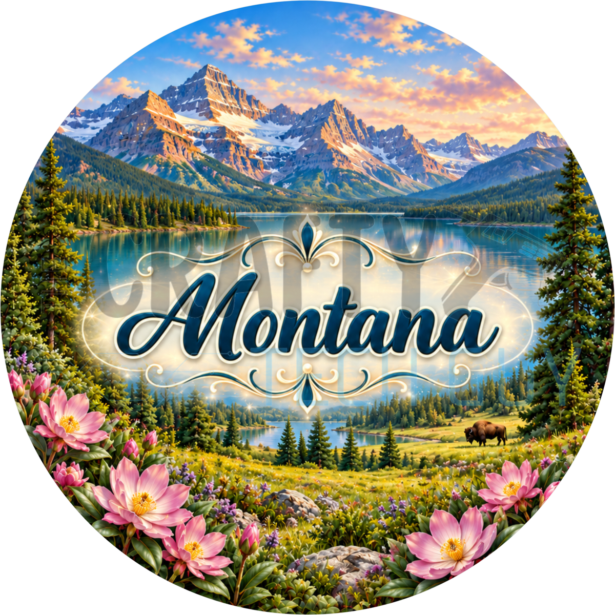 Round Montana state wreath sign with the state name in script over an alpine lake below rugged peaks with a bison and pink bitterroot