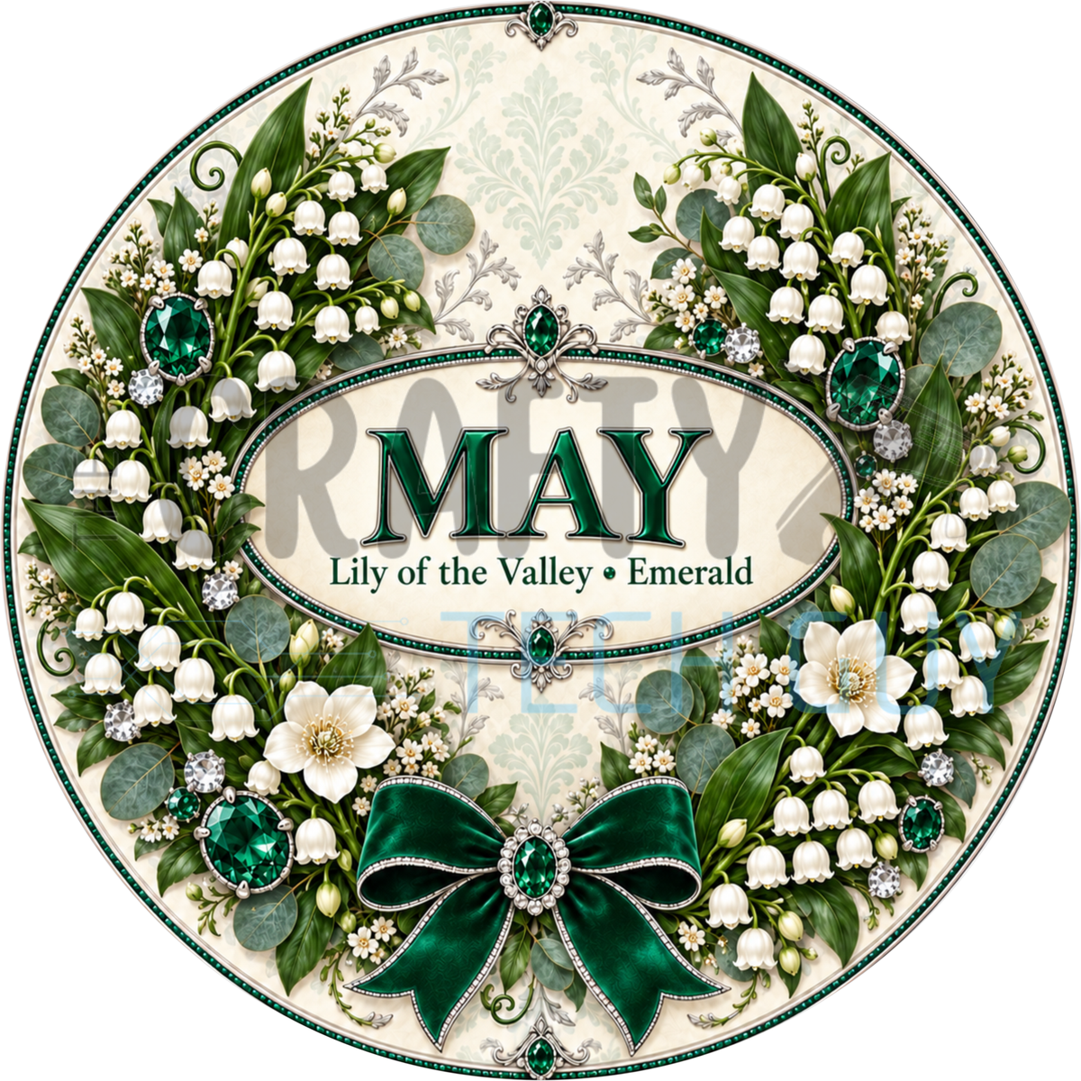 Round May birthstone wreath sign with white lily of the valley sprays, emerald green jewels and a green bow around the words May Lily of the Valley Emerald