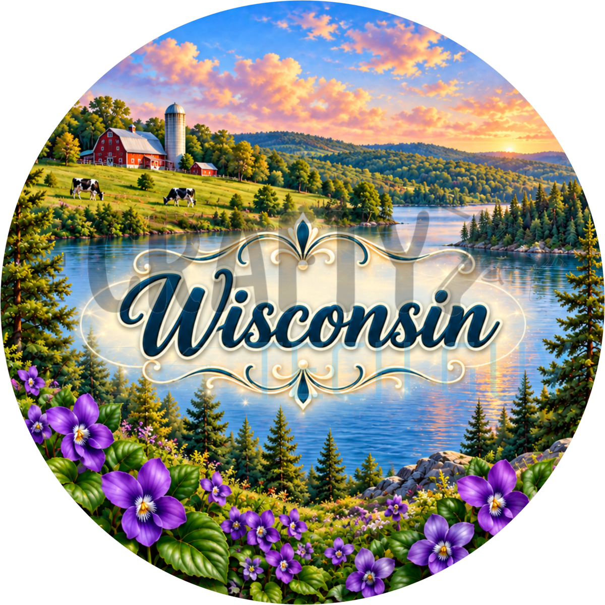 Round Wisconsin state wreath sign with navy script lettering over a red barn dairy farm with cows, a blue lake and purple violets
