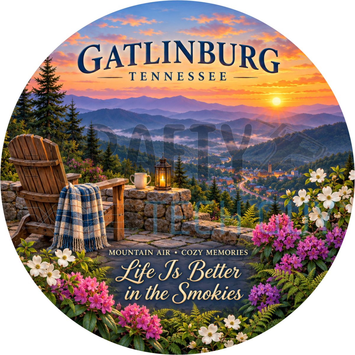 Round Gatlinburg Tennessee wreath sign with an Adirondack chair overlooking the Smoky Mountains at sunset reading Life Is Better in the Smokies