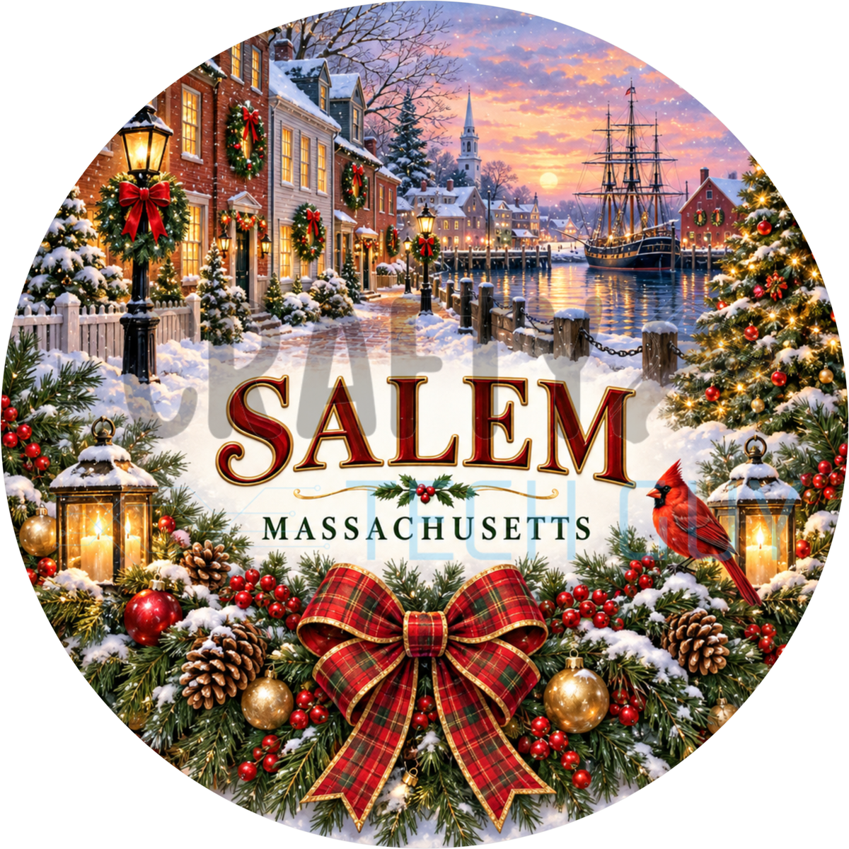 Round Christmas Salem Massachusetts name wreath sign with a snowy harbor and tall ship, red plaid bow, lanterns and a red cardinal