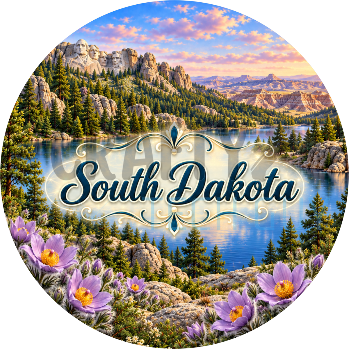 Round South Dakota state wreath sign with navy script lettering over Mount Rushmore, the Black Hills, a blue lake and lavender pasque flowers