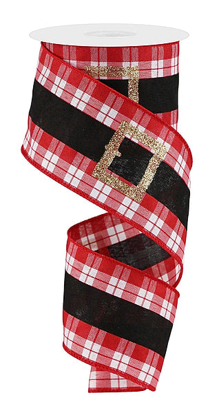 2.5 Inch 10 Yard Santa Belt Wired Christmas Ribbon on Red and White Woven Check with Black Belt and Gold Glitter Buckle