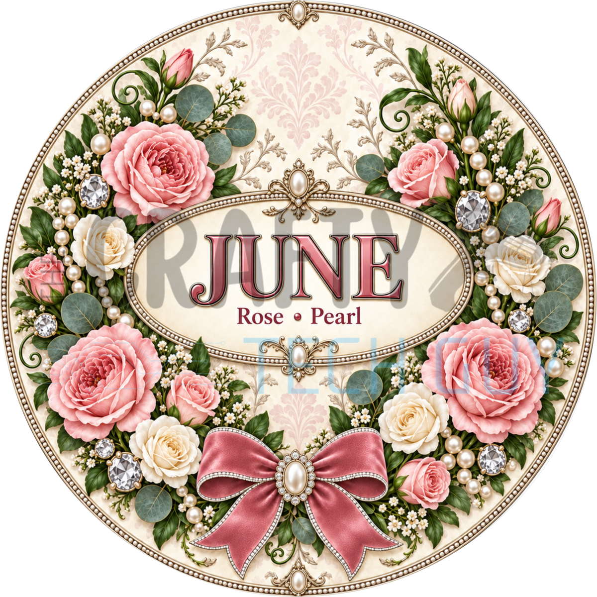 Round June birthstone wreath sign with pink and cream roses, pearl jewels and a pink bow around the words June Rose Pearl