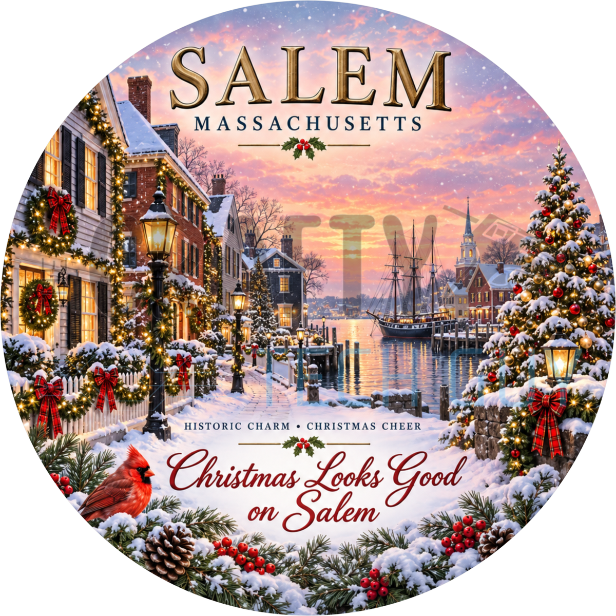 Round Christmas Salem Massachusetts wreath sign with a snowy harbor street, tall ships, Christmas tree and a red cardinal