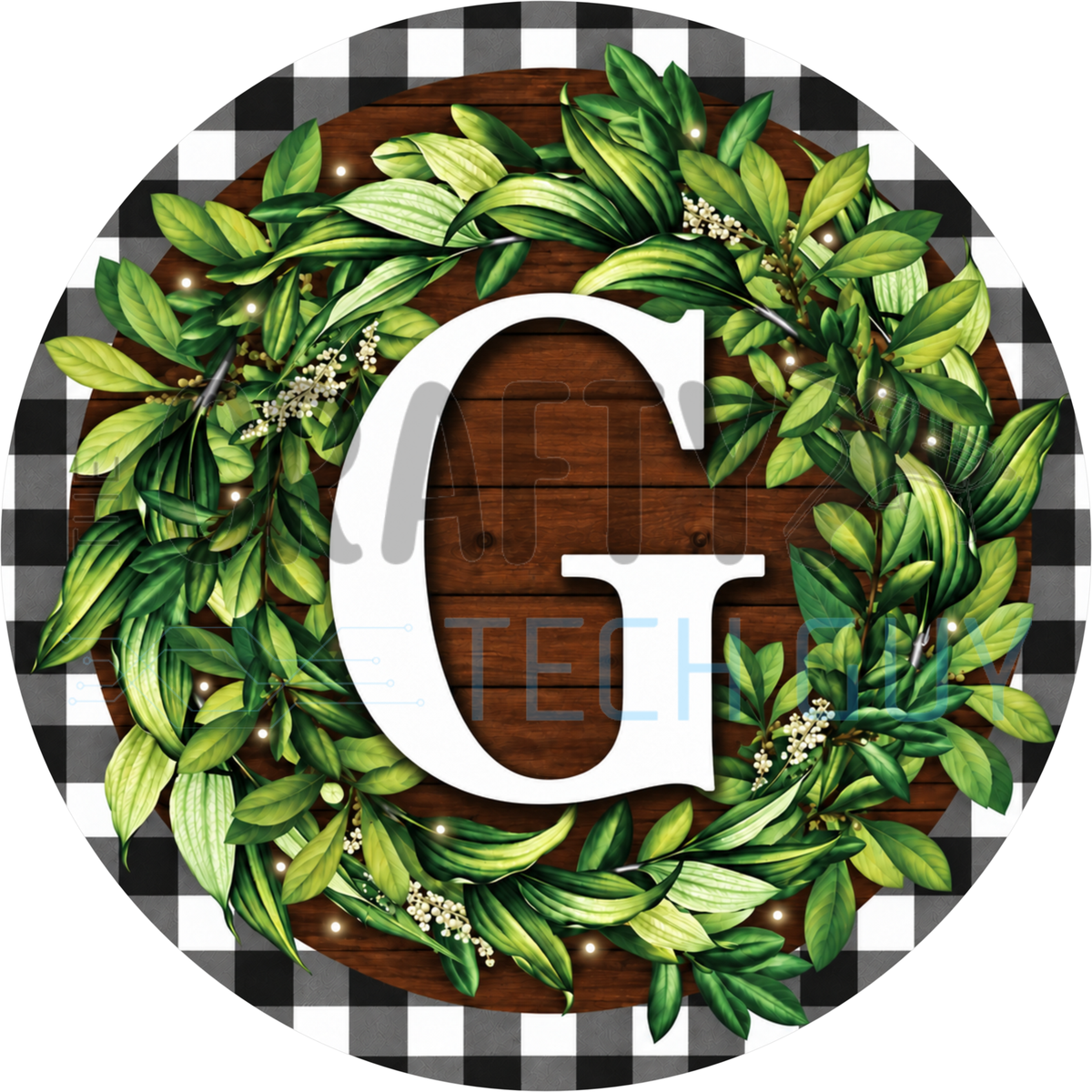 Round monogram wreath sign with a white letter G inside a green leaf wreath on dark wood planks with a black and white buffalo check border