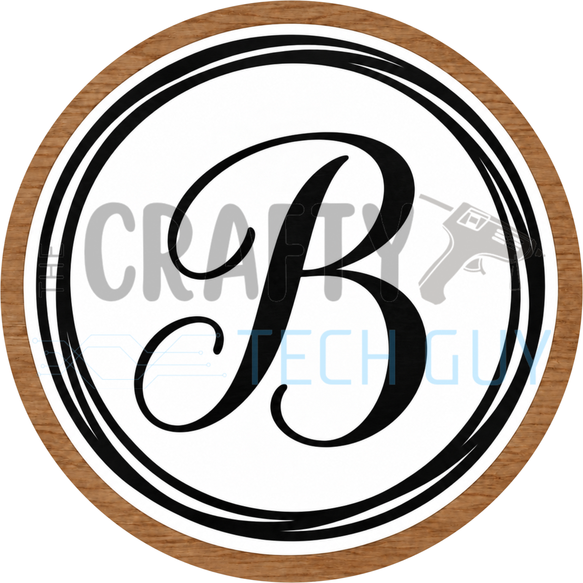Round monogram wreath sign with a black script calligraphy letter B on white, circled by black swirl lines and a wood grain border