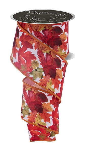 2.5 Inch 10 Yard Red Orange Gold and Green Photo Real Fall Maple Leaf Print Wired Autumn Ribbon on White with Copper Wired Edge
