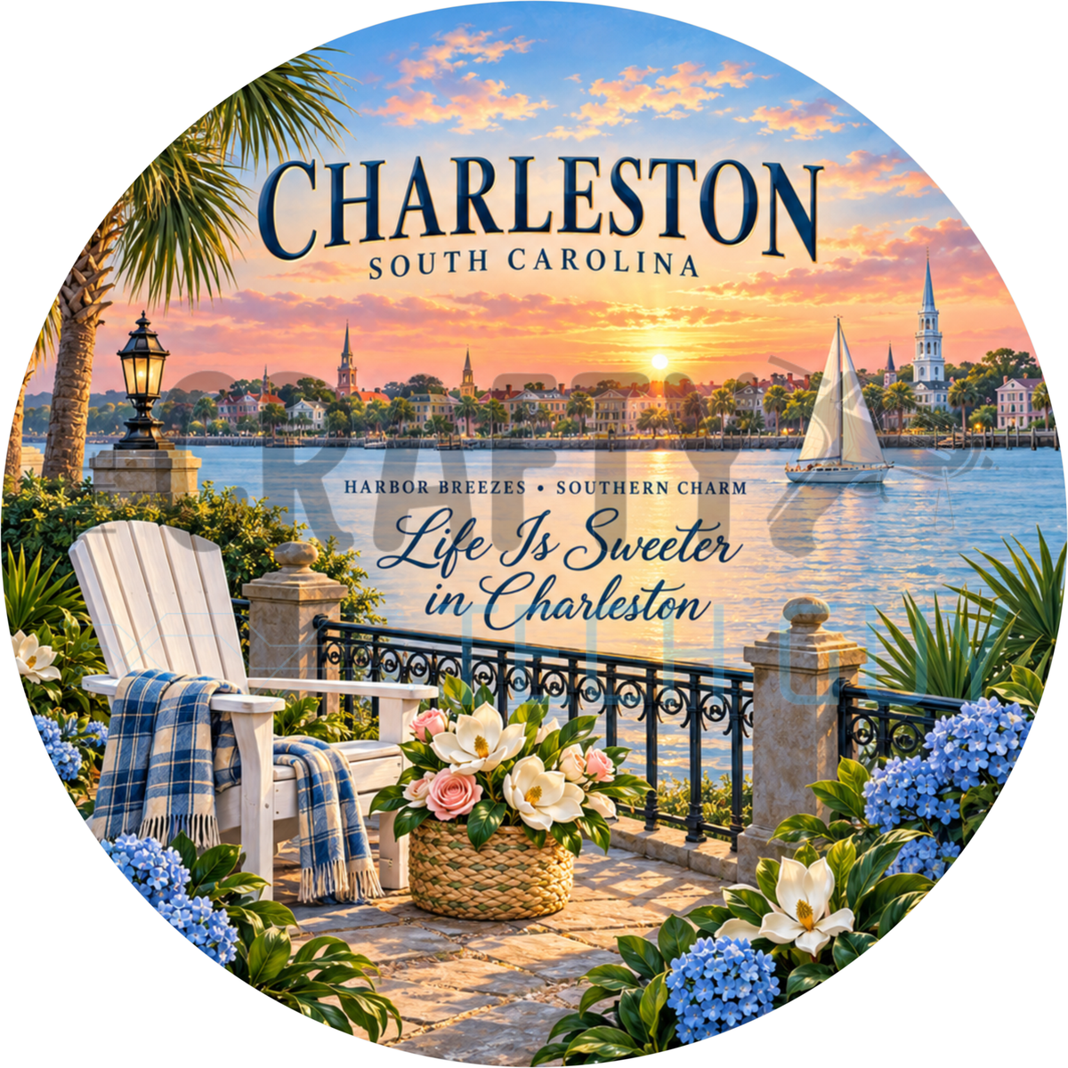 Round Charleston South Carolina wreath sign with a white Adirondack chair overlooking the harbor and a sailboat at sunset reading Life Is Sweeter in Charleston