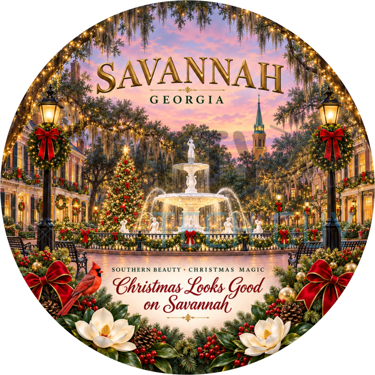 Round Christmas Savannah Georgia wreath sign with a lit park fountain, Christmas tree, mossy oaks and a red cardinal