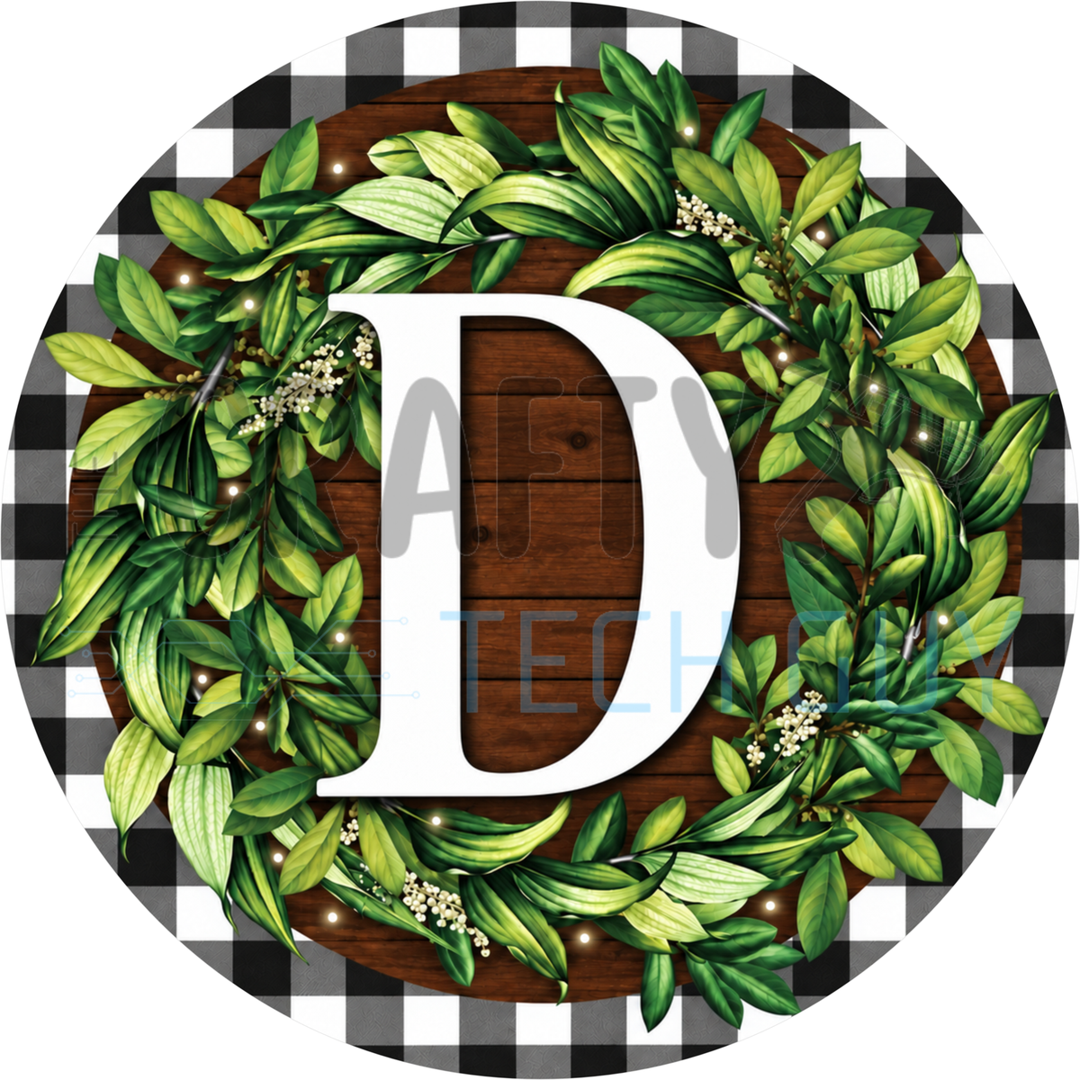 Round monogram wreath sign with a white letter D inside a green leaf wreath on dark wood planks with a black and white buffalo check border