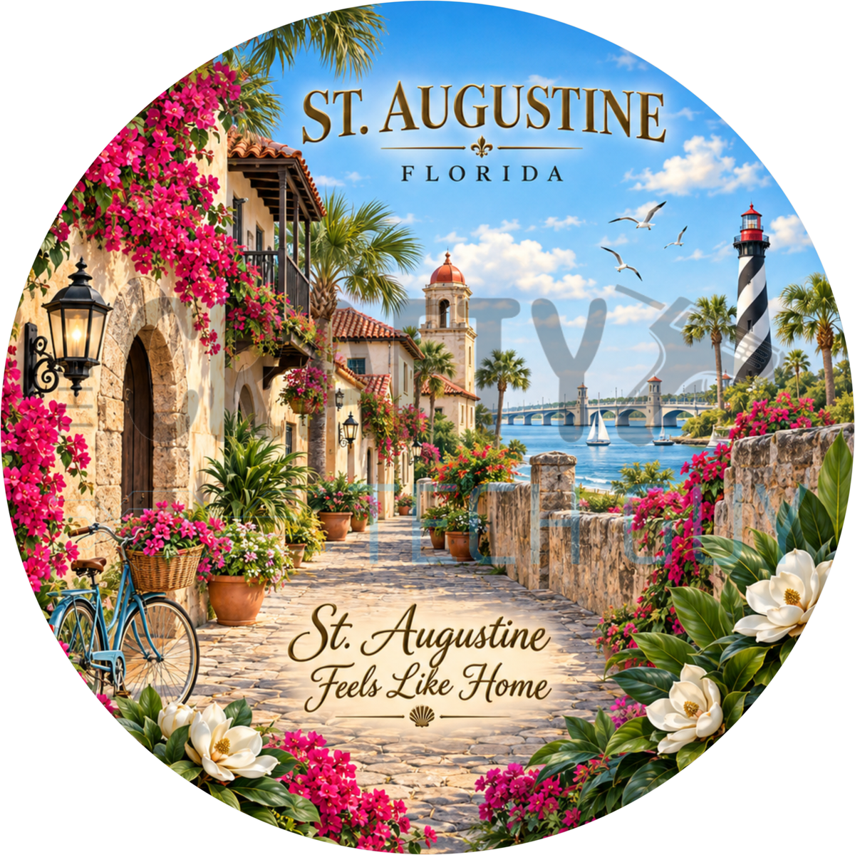 Round St. Augustine Florida wreath sign with a bougainvillea lane, striped lighthouse and teal bicycle reading St. Augustine Feels Like Home