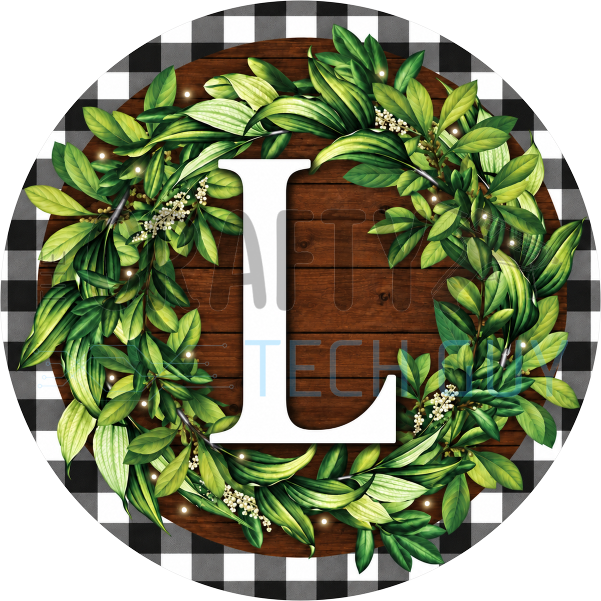 Round monogram wreath sign with a white letter L inside a green leaf wreath on dark wood planks with a black and white buffalo check border