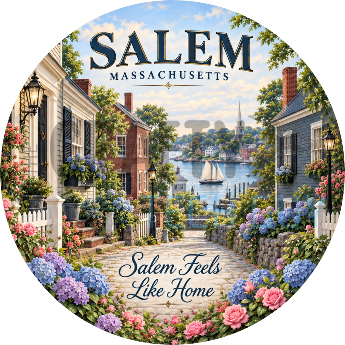 Round Salem Massachusetts wreath sign with a historic cobblestone lane leading to the harbor and hydrangeas reading Salem Feels Like Home